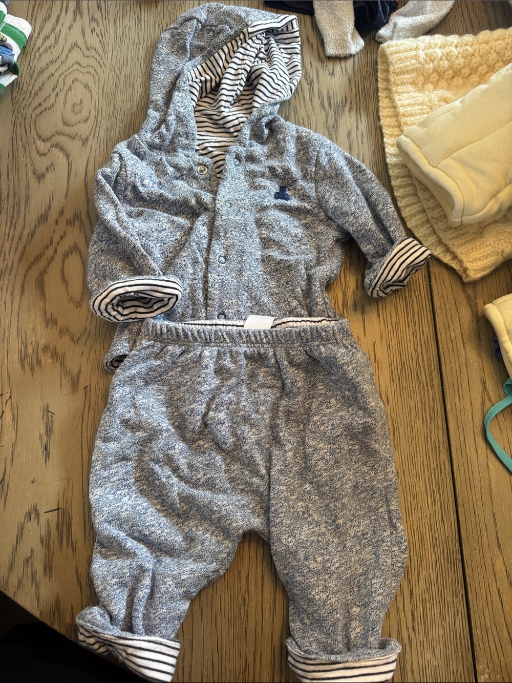 GAP Baby Sweatshirt Hoodie & Joggers - Heather Gray with Striped Lining